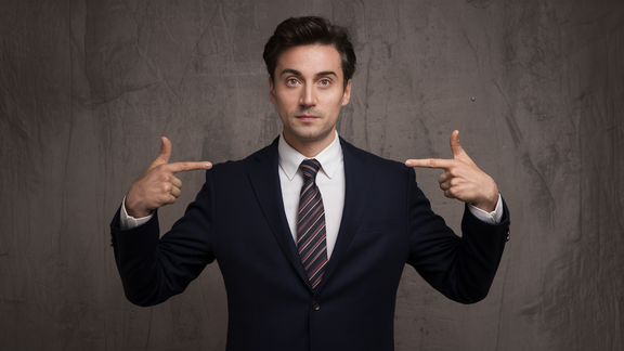 person in the suit, the person in the suit points to himself with both hands