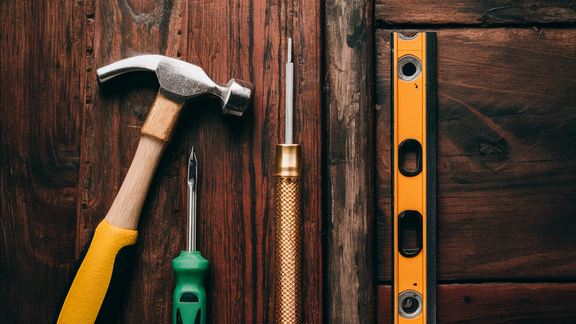 Hammer, screwdriver and spirit level on a table