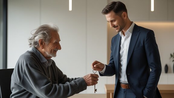 Schlüsselübergabe zwischen Seniorunternehmer und Banker